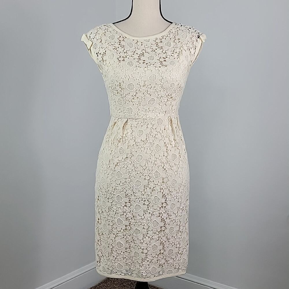 Nanette Lepore Crocheted Lace Sheath Midi Dress in Ivory Cream Size 0‎
